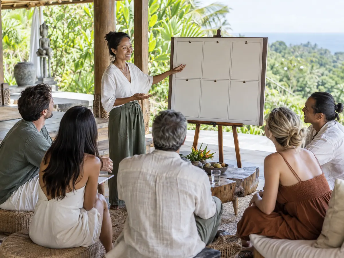 Clear Programme Guidance at a Non-Clinical Retreat Wellness facilitator explaining a structured six-day retreat programme in North Bali
