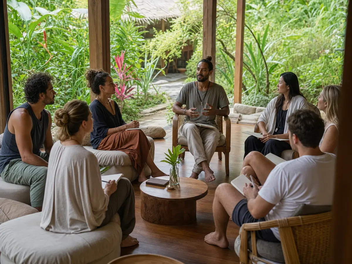 Guests in a deeper mid-retreat processing session during the longer format retreat