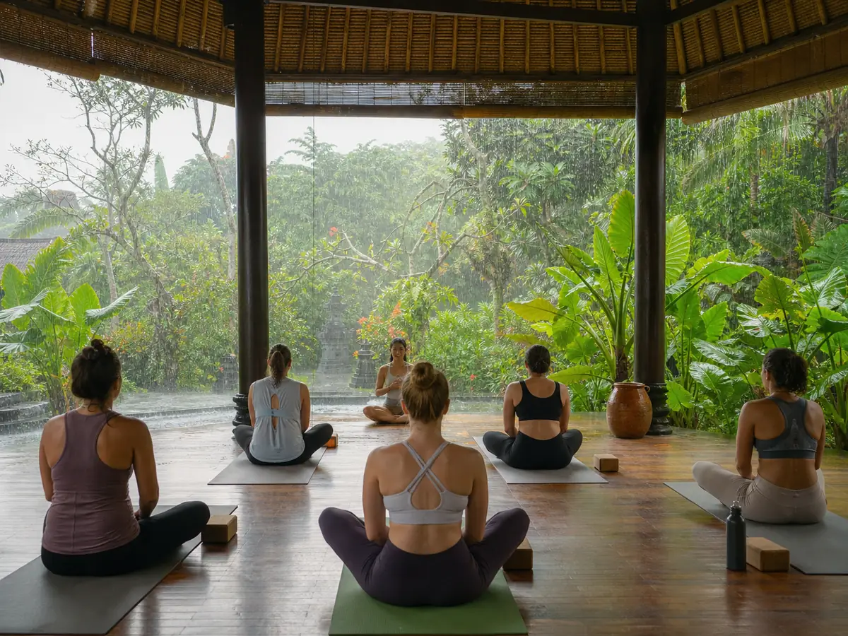 Rainy Season Yoga Retreats Bali 2027 Guests practising under cover during rain at a yoga retreat in Bali in 2027