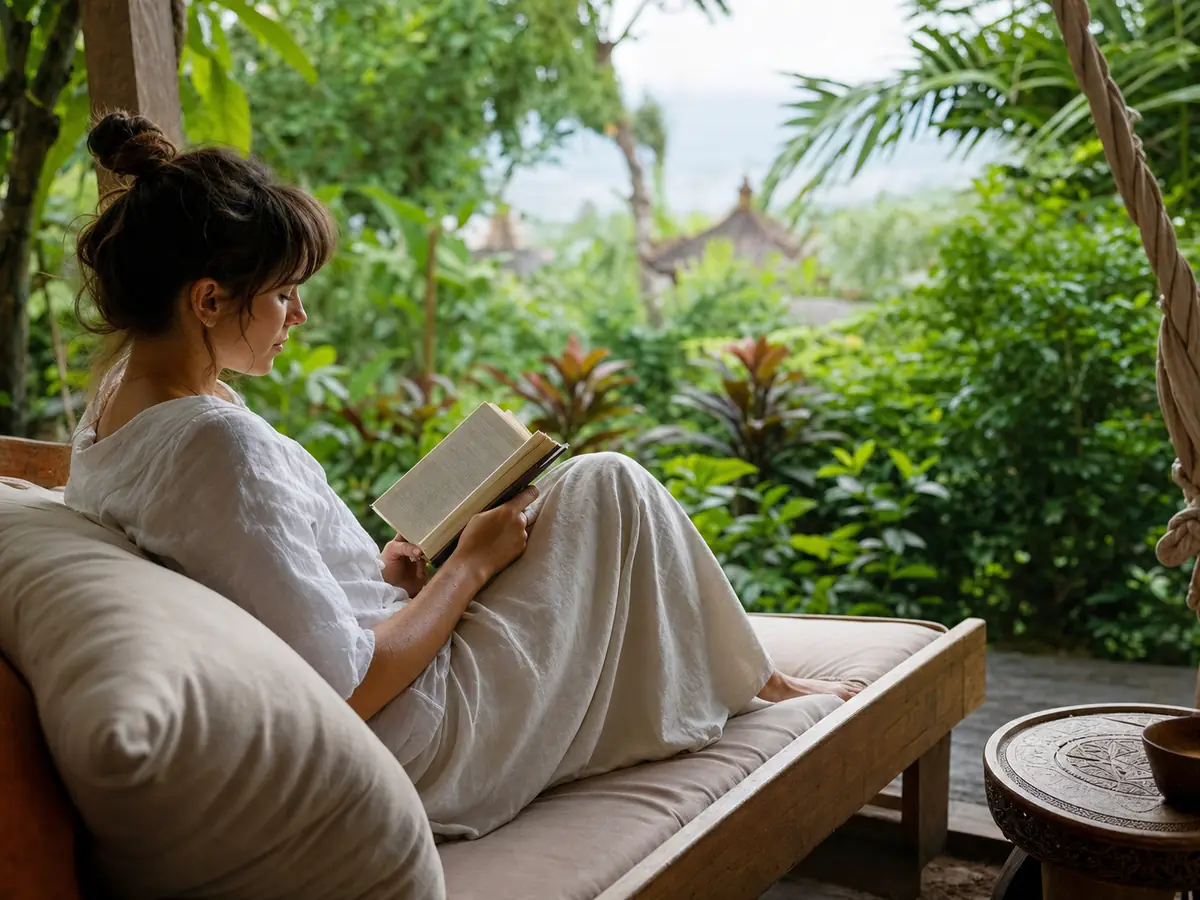 Quiet Time Without Devices A guest reading quietly without devices during the retreat's digital detox time