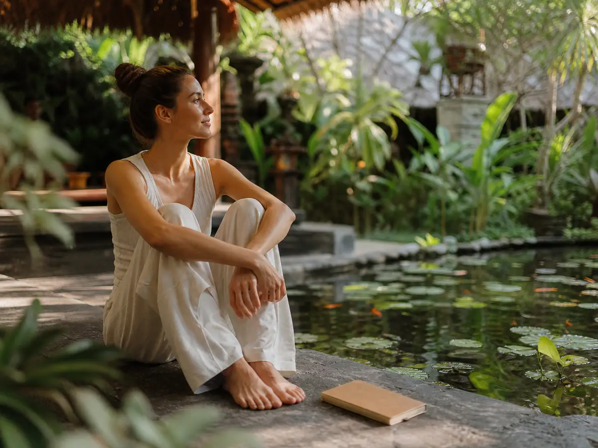 Rest Space at Yoga Retreats Bali Guest resting beside a garden pond during a burnout-focused yoga retreat in Bali