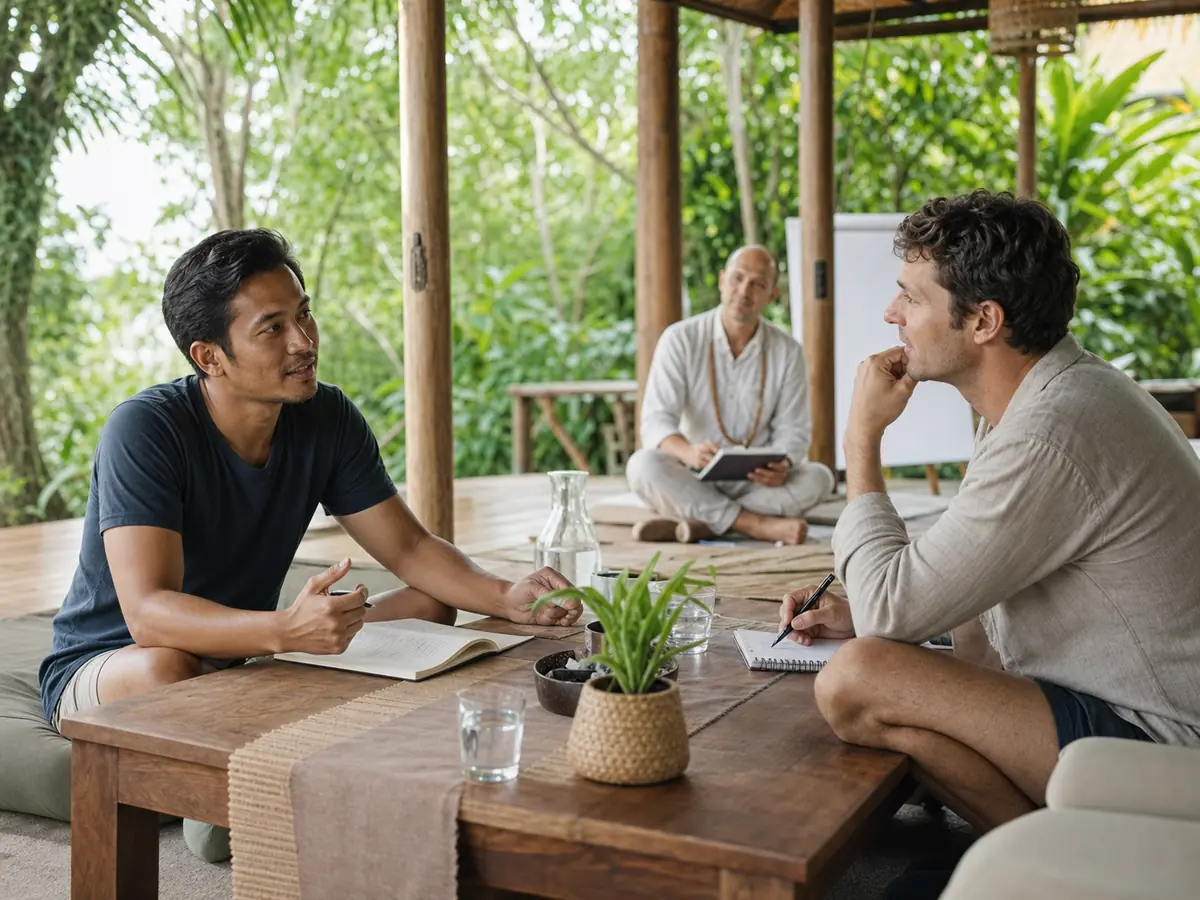 Shared Reflection Session - Bali Retreat Two retreat guests engaged in a shared reflection session together