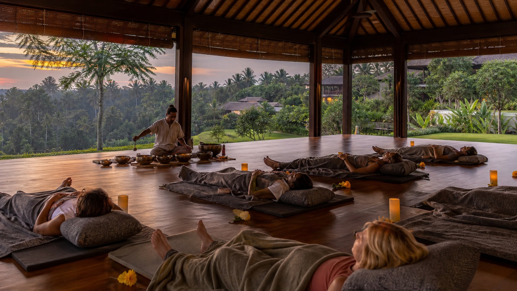 Sound Healing Session — North Bali Sanctuary Guests resting during a sound healing session at a private North Bali sanctuary
