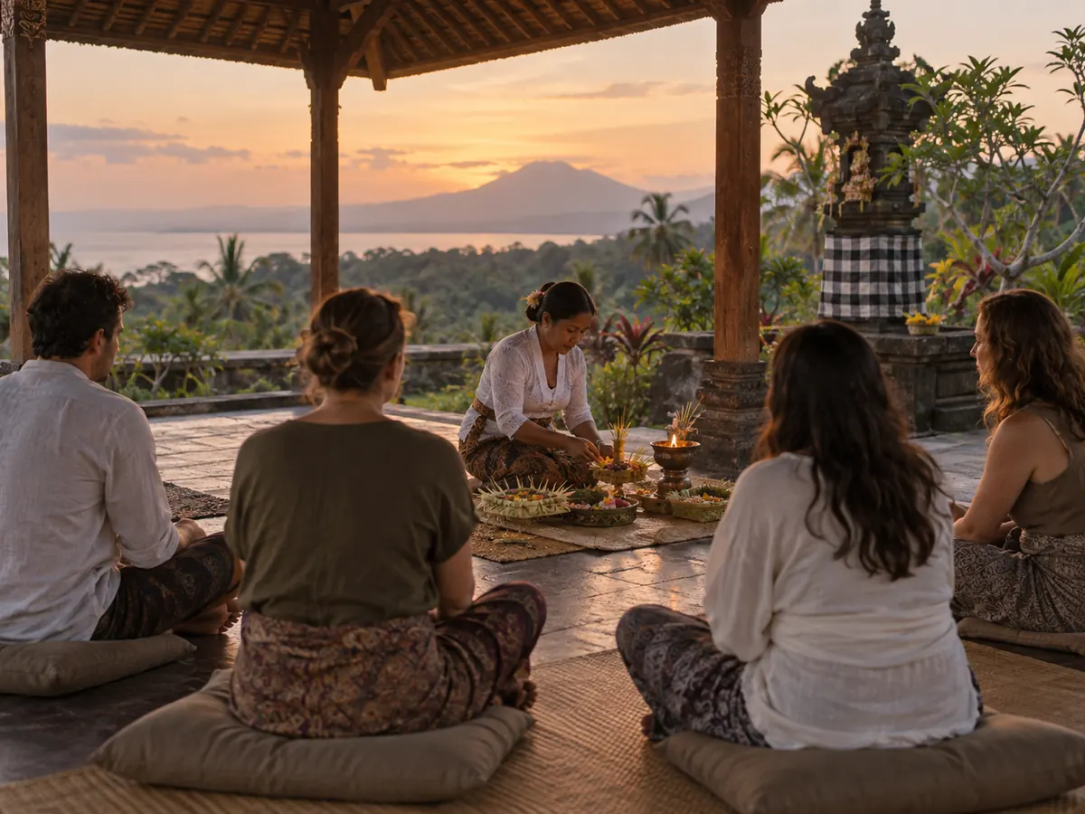 Traditional Balinese Welcome at the Retreat Guests respectfully observing a guided Balinese welcome ritual at a North Bali spiritual retreat