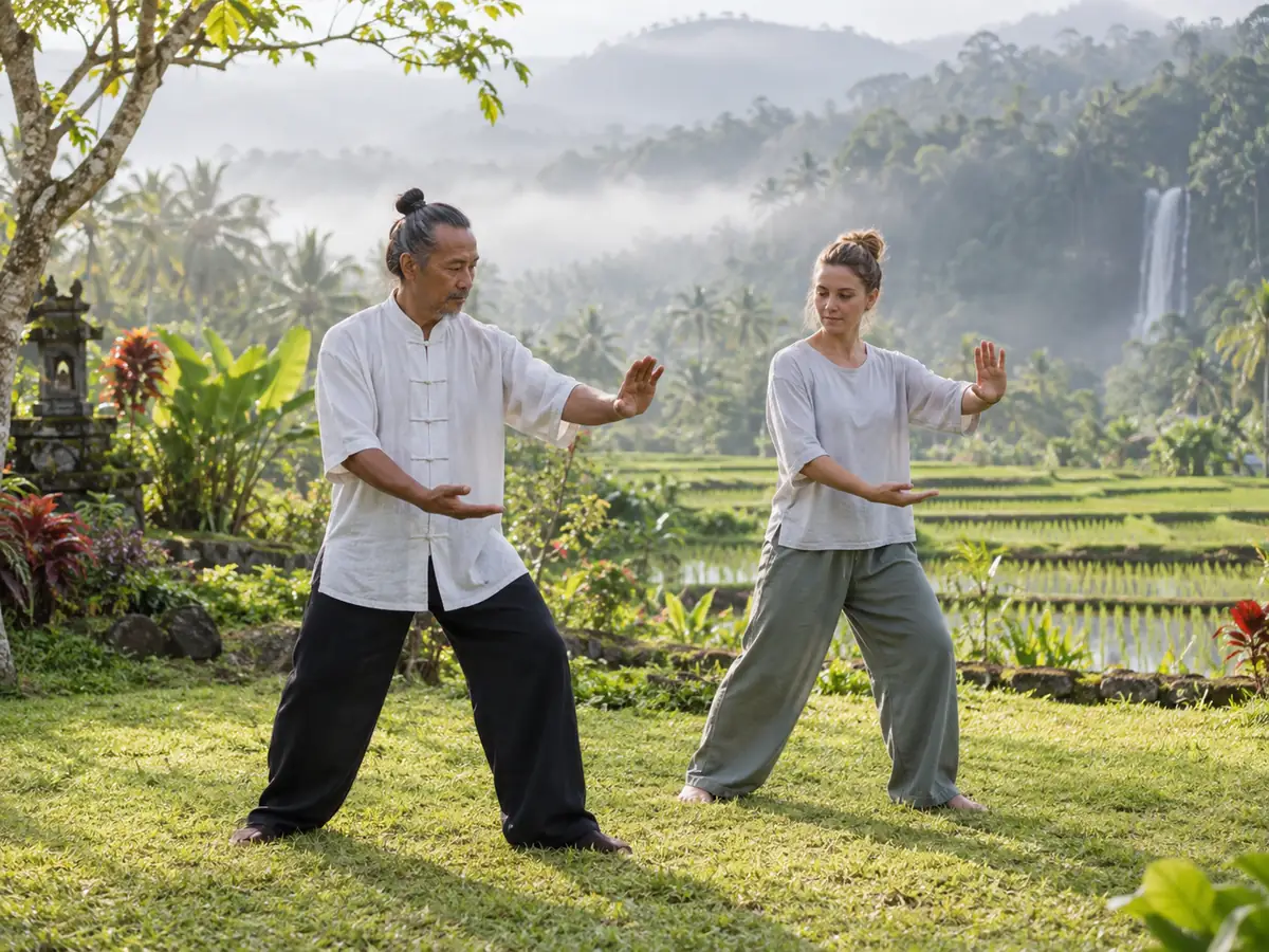 Beginner receiving one-to-one Tai Chi movement guidance beside North Bali rice fields