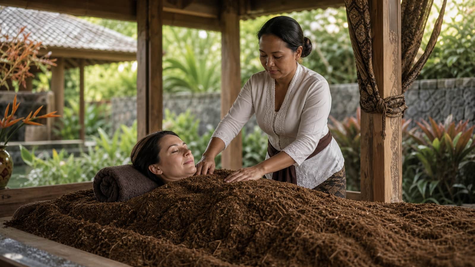 Microbiotic Thermal Fermentation — Traditional Balinese Healing Traditional Balinese thermal fermentation therapy session at a North Bali wellness retreat