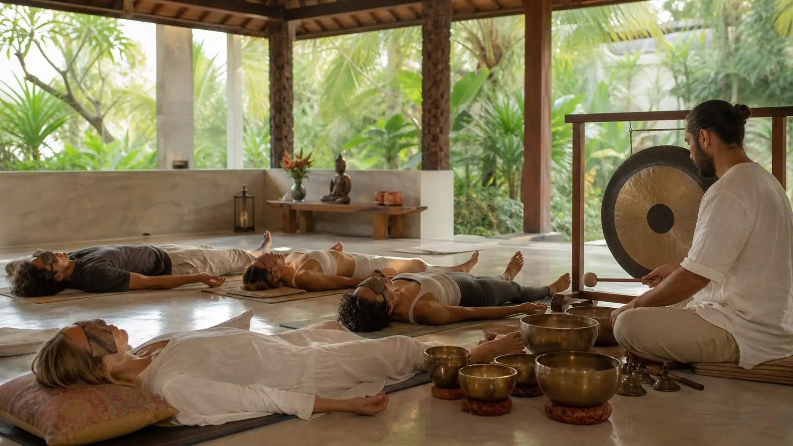 Guests resting during sound healing at a vagus nerve Retreat in Bali