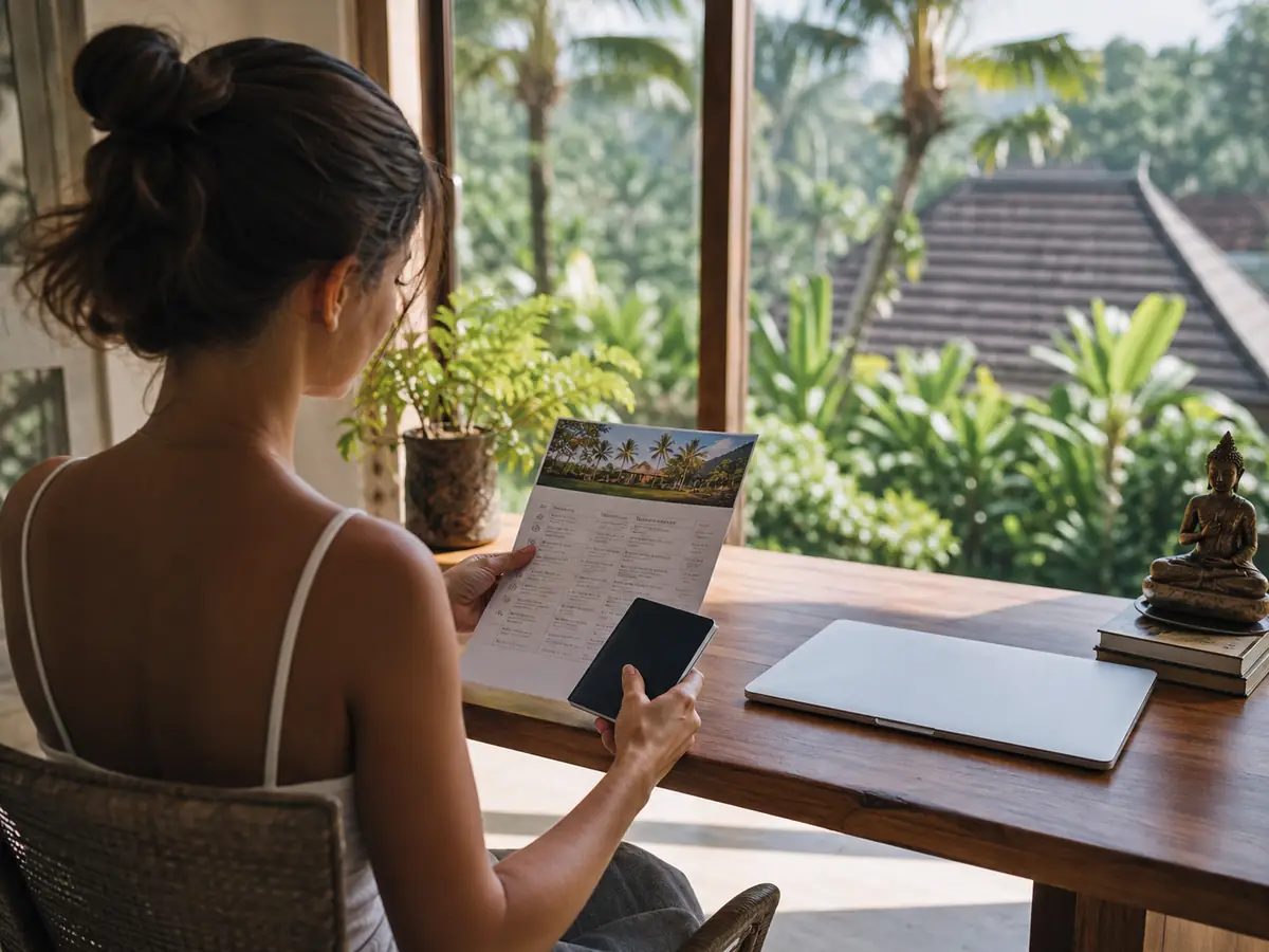 Visa Planning for Yoga Retreats Bali 2027 Traveller reviewing visa and itinerary details for yoga retreats Bali 2027