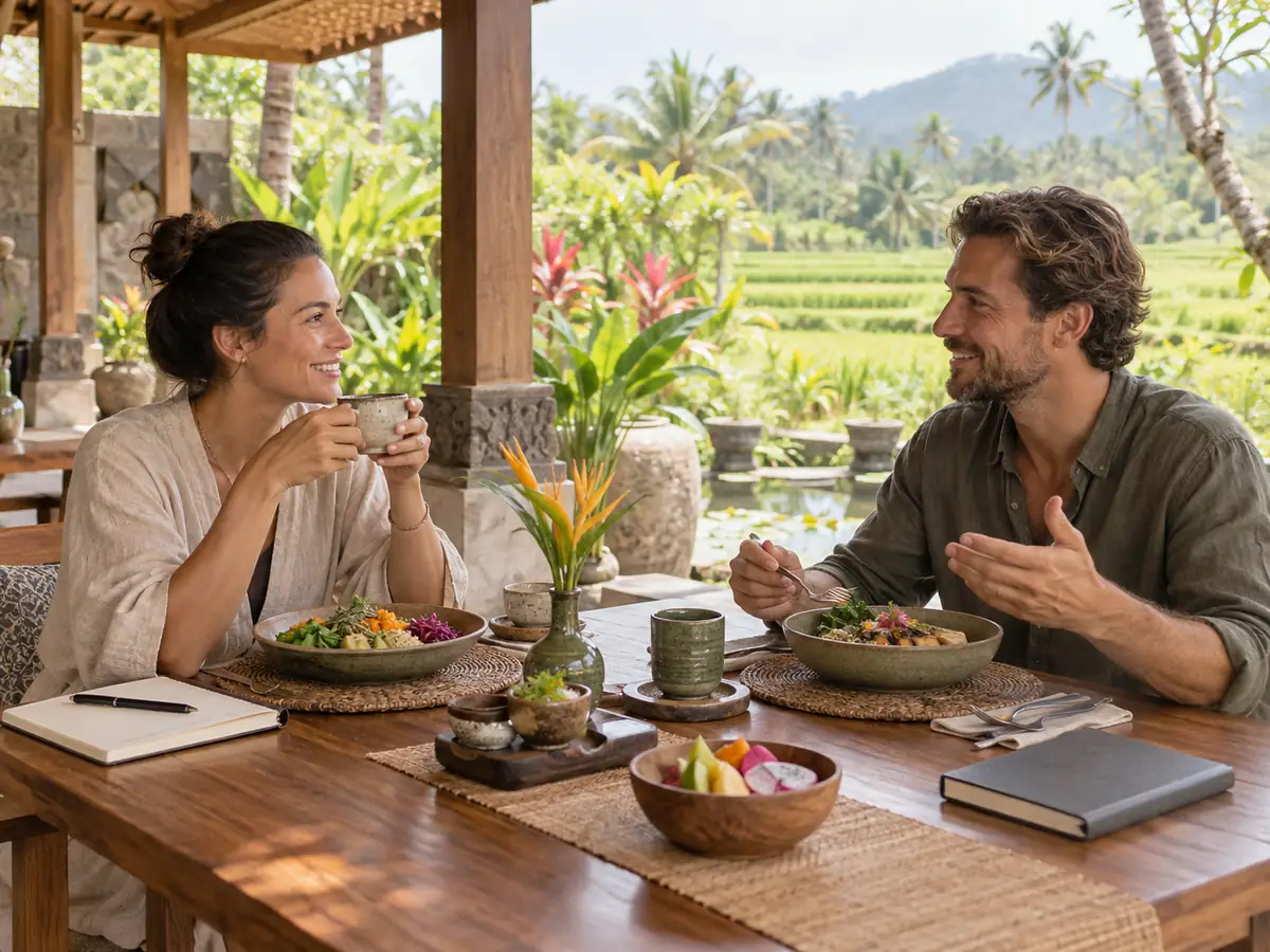 Nourishing Shared Meal at a Couples Wellness Retreat Two retreat guests sharing a plant-forward meal and reflective conversation in Bali