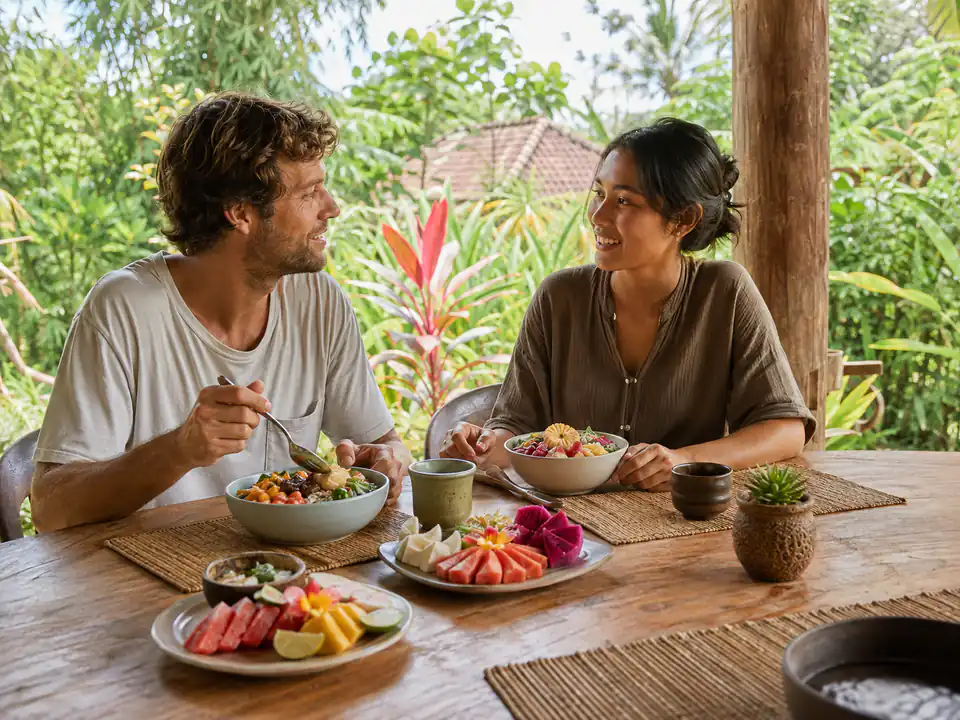 Yoga Retreat North Bali Shared Wellness Meal Two guests sharing a nourishing breakfast at a yoga retreat in North Bali